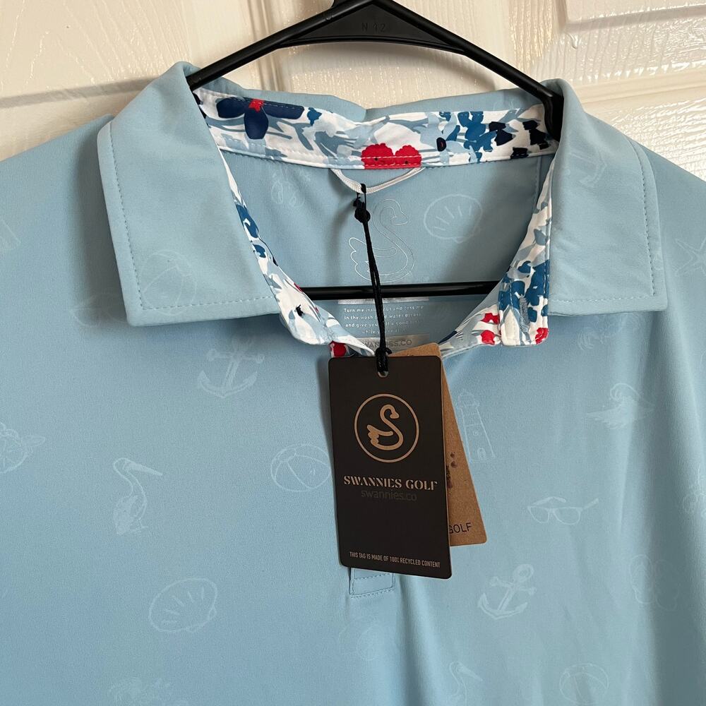 NWT Swannies Golf Malachi Polo Shirt Men's L Blue Nautical Print Floral Accents